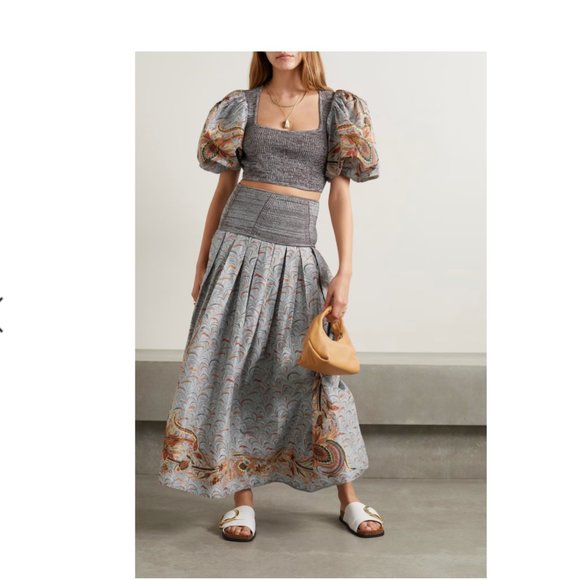 ULLA JOHNSON Pleated Printed Taffeta And Mouline Ribbed-knit Skirt In Chalcedony - Picture 2 of 9